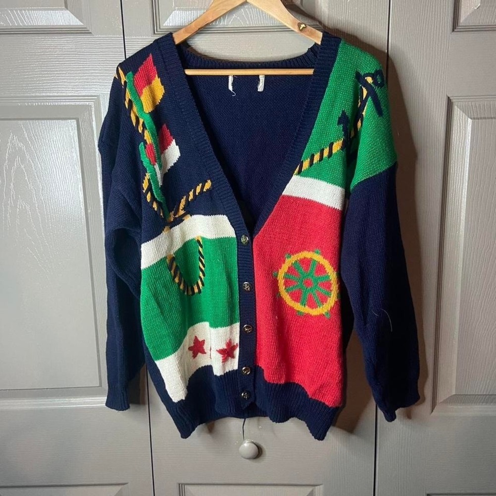 American Vintage Mens Boating Cardigan Sailing Anchor Navy Blue Size L